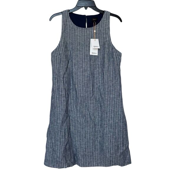 Quince European Linen Tank Mini Dress Size Small Chambray Striped Blue Pockets - Picture 4 of 12